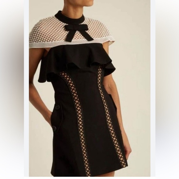 SELF-PORTRAIT Black Bow Crepe Lace Trim Mini Elegant Dress Women’s Size Small - Picture 4 of 16